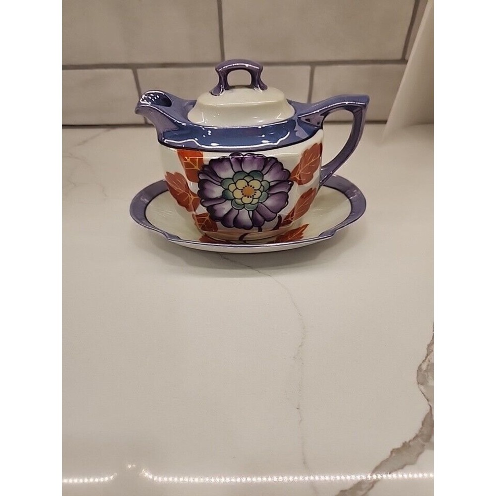 Vintage Japan Trico‎ Nagoya Lusterware Teapot And Underplate Flowers And Leaves